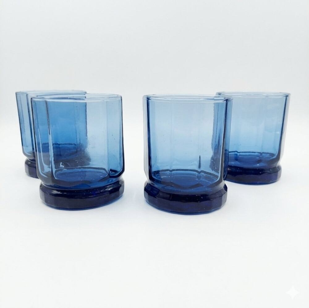 Anchor Hocking Essex Cobalt Blue Old Fashioned Glasses Set 4 Faceted 1970s